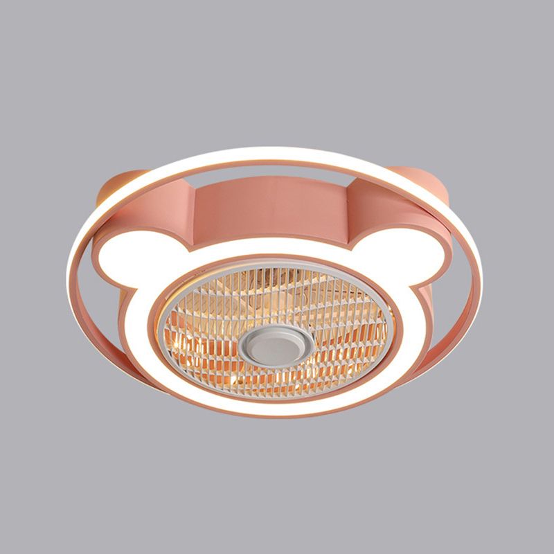 Modernism Bear Head Pendant Fan Lamp 21.5" Wide LED Acrylic Semi Flush Mounted Light in Pink/Blue with Ring