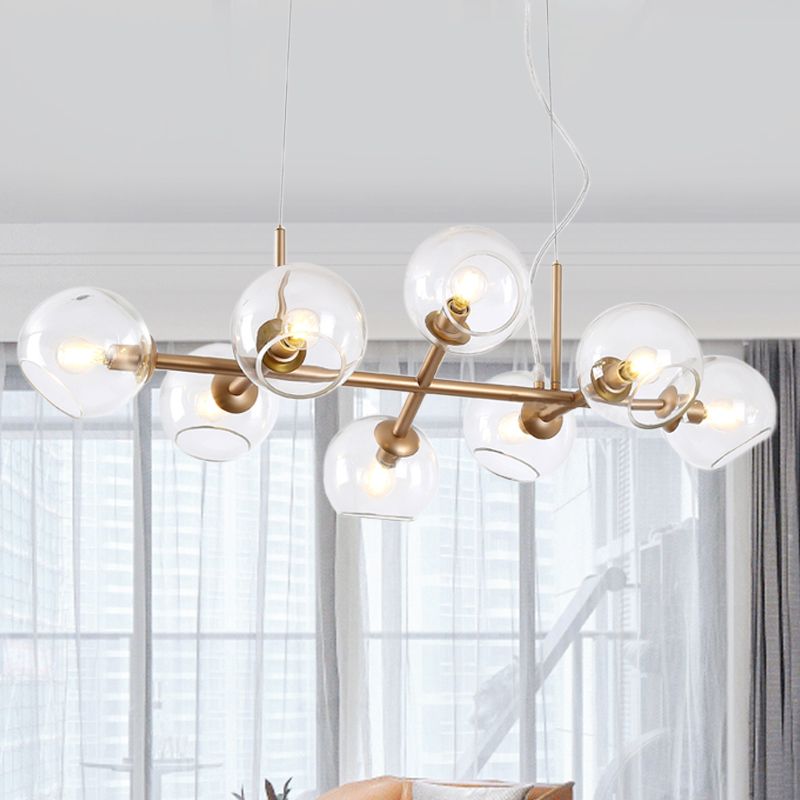 8 Bulbs Dining Room Island Lamp Modern Gold Hanging Light Kit with Orb Clear Glass Shade