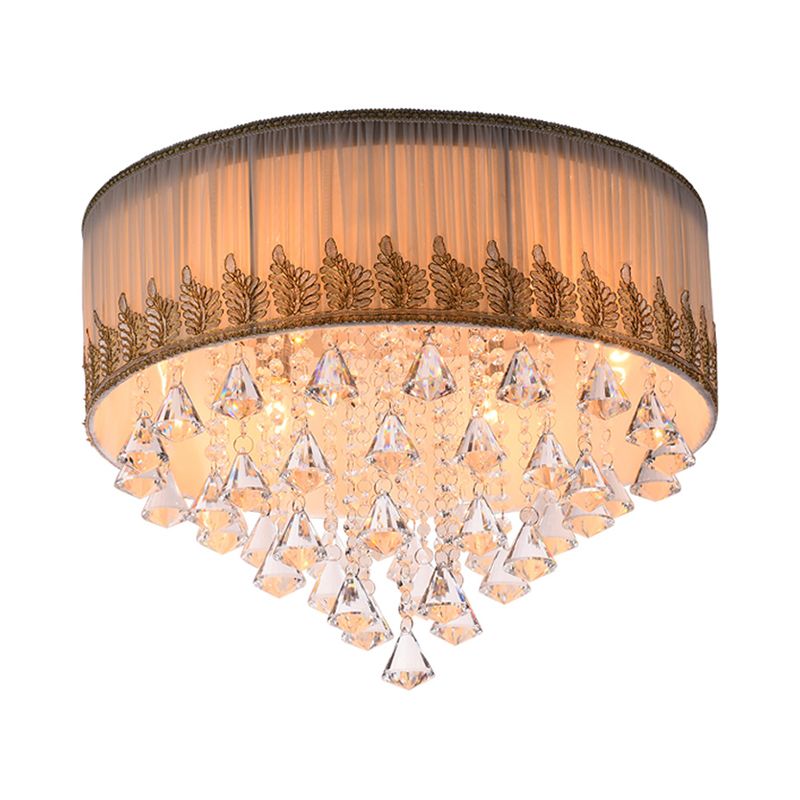 Braided Trim Pleated Fabric Ceiling Lamp Modern 4-Light Lounge Flushmount with Clear Crystal Diamond Drape