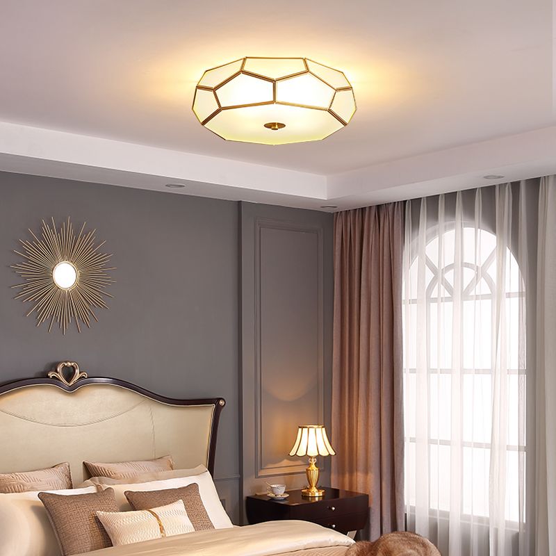 Colonial Style Geometric Ceiling Fixture Copper Flush Mount with Frosted Glass Shade