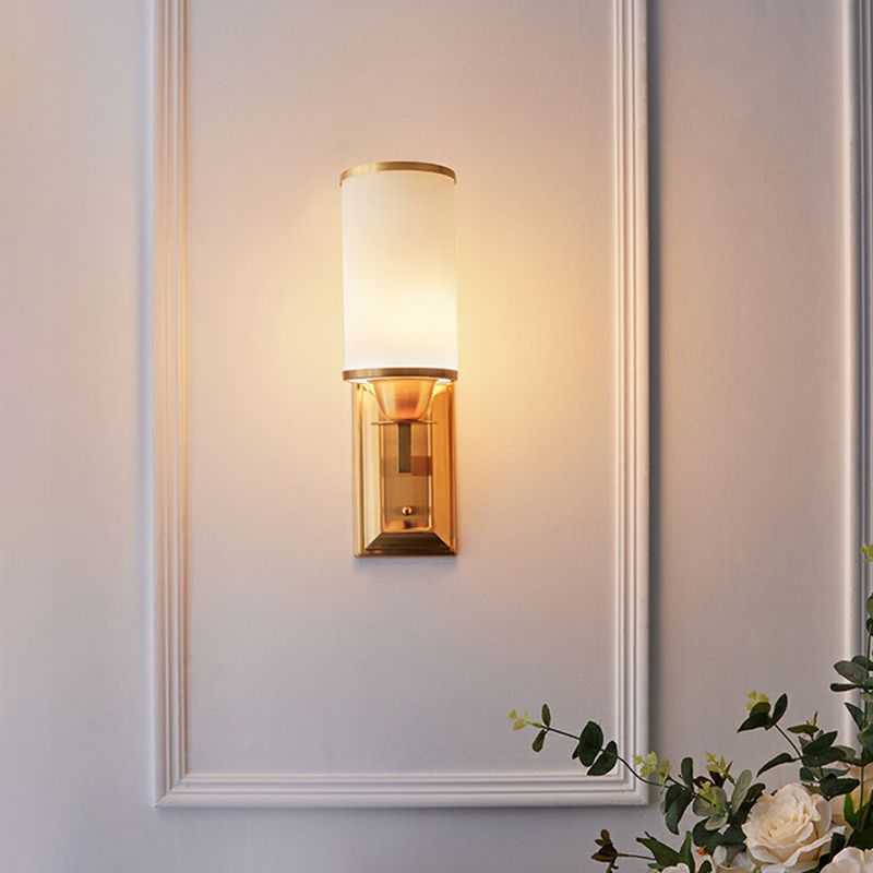 1-Light White Glass Wall Sconce Traditional Brass Cylindrical Dining Room Wall Mount Light