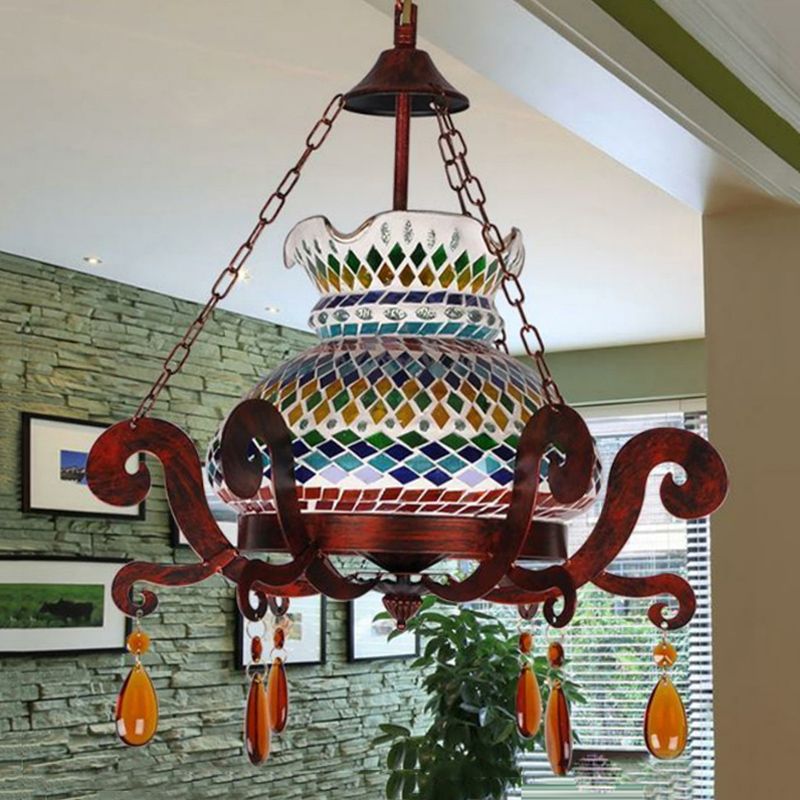 Stained Glass Weathered Copper Pendant Vase 1 Light Moroccan Style Hanging Light Kit