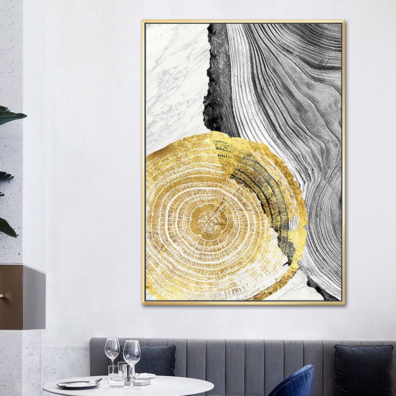 Wood Annual Rings Wall Art in Black and Gold Simplicity Wrapped Canvas for Living Room