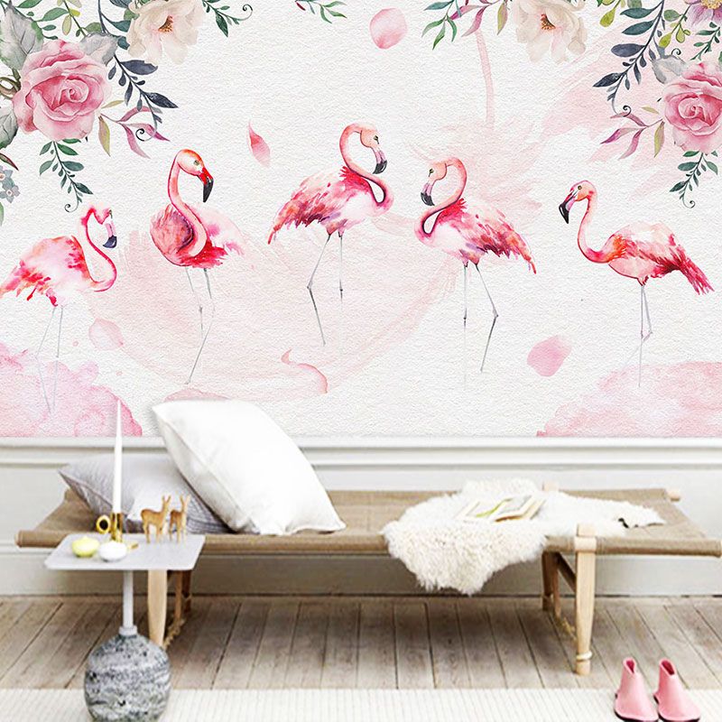 Pink Flamingo Wall Art Water-Resistant Mural Wallpaper for Girl's Bedroom