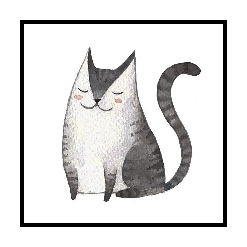 Childrens Art Cat Canvas Print White Botanical Wall Decor for Kids Bedroom, Textured