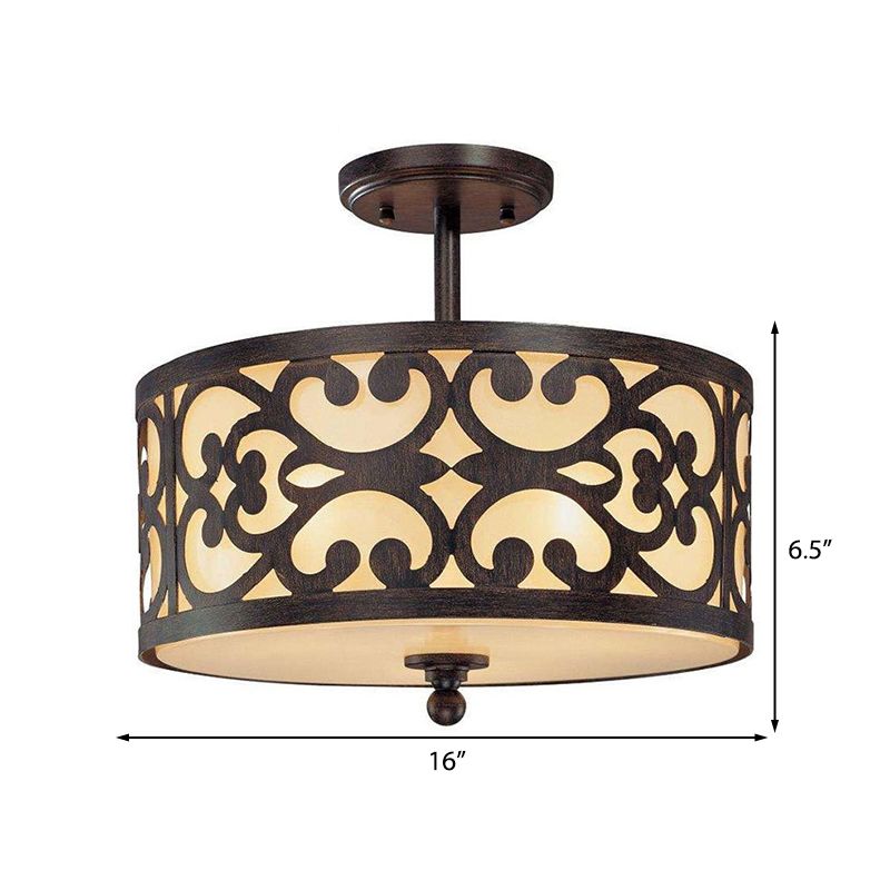 4 Lights Semi Flush Mount Traditional Drum Metal Ceiling Light in Rust for Living Room, 16"/19.5"/23.5" Wide