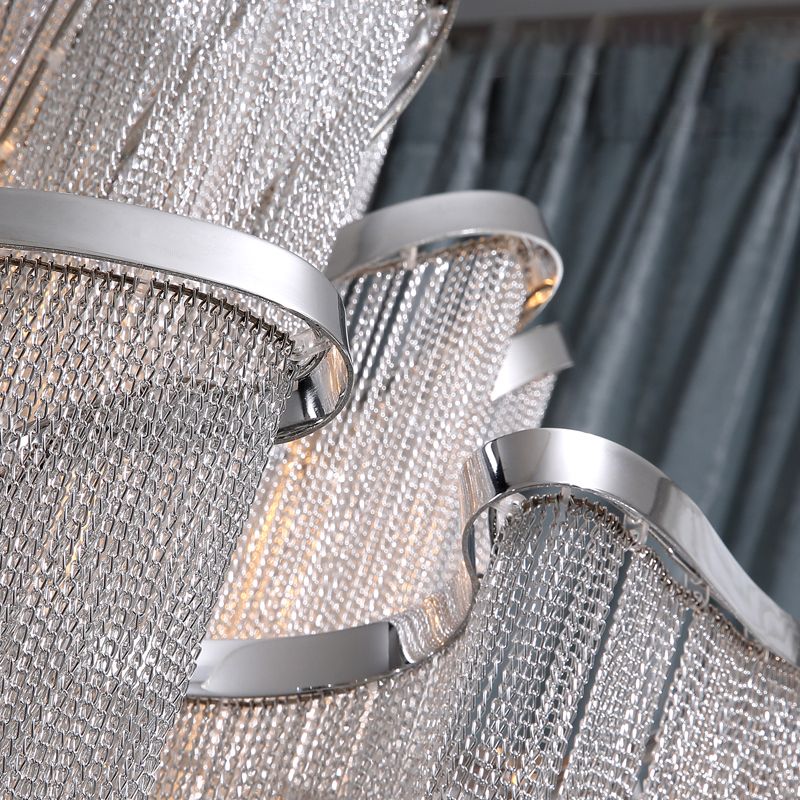 Silver Geometric LED Hanging Lamp Modern Style Tassel Indoor Ceiling Light with Aluminium Chain