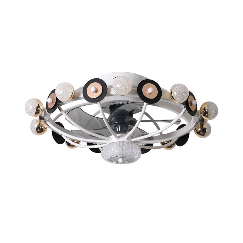 Oval Cage Metallic Pendant Fan Lamp Modernist 25.5" W 11 Heads White/Grey/Coffee Semi Flushmount, 4 Blades