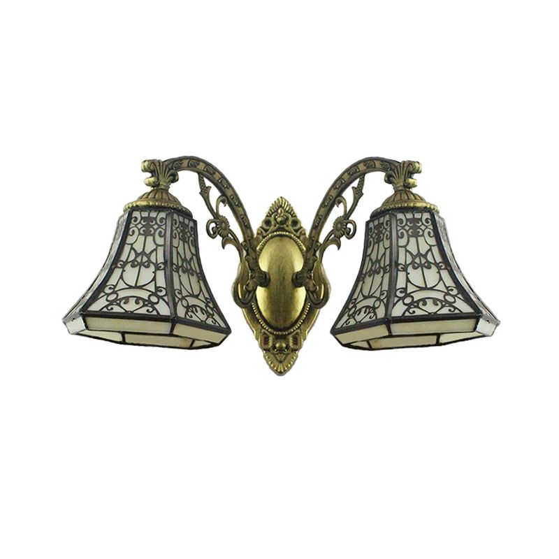 Beige Glass Bell Wall Lighting with Fence Design 2 Heads Rustic Lodge Sconce Light