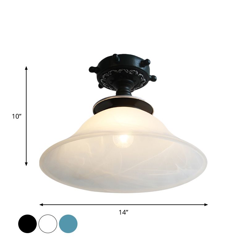 Bell Ceiling Lighting Nautical Opaline Glass 1 Bulb Hallway Semi Flush Mount Light in Black/White/Blue