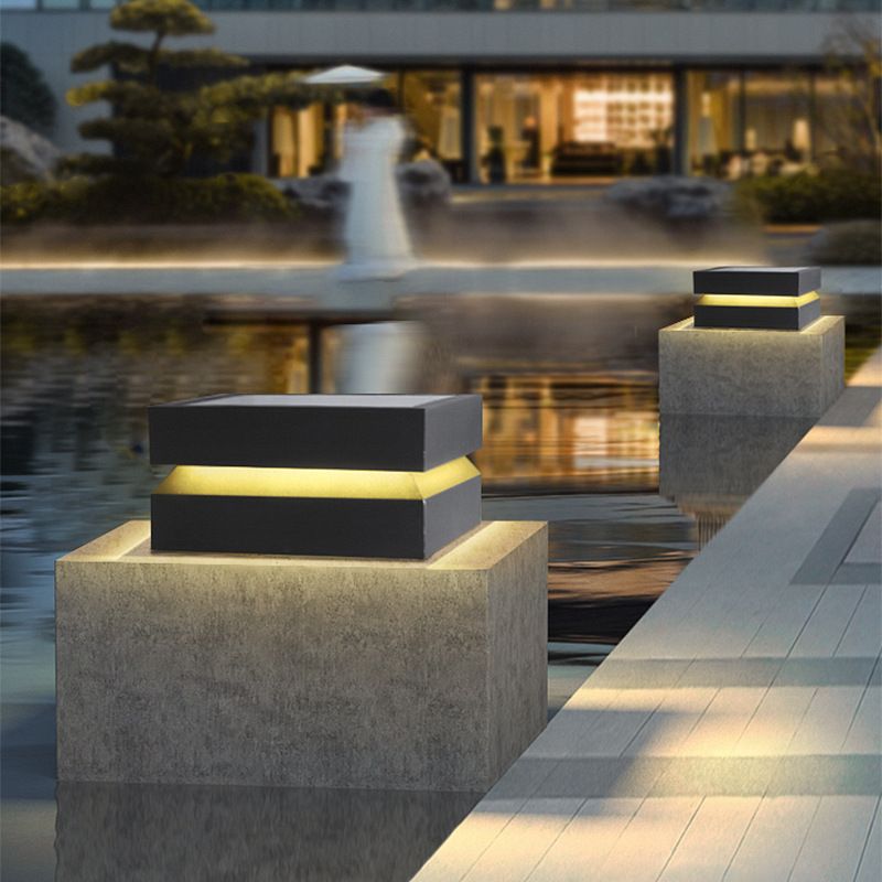 Rectangle Shape Metal Solar Pillar Lamp Modern 1 Light Waterproof Outdoor Light in Black