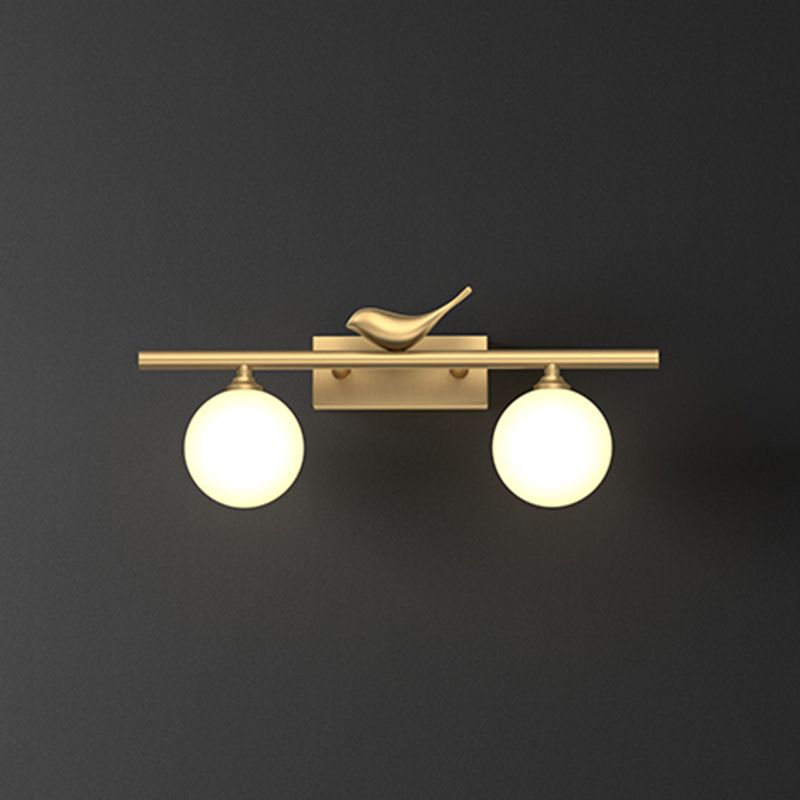 Ball Bathroom Vanity Sconce Opal Glass Postmodern Wall Light with Bird Decor in Brass