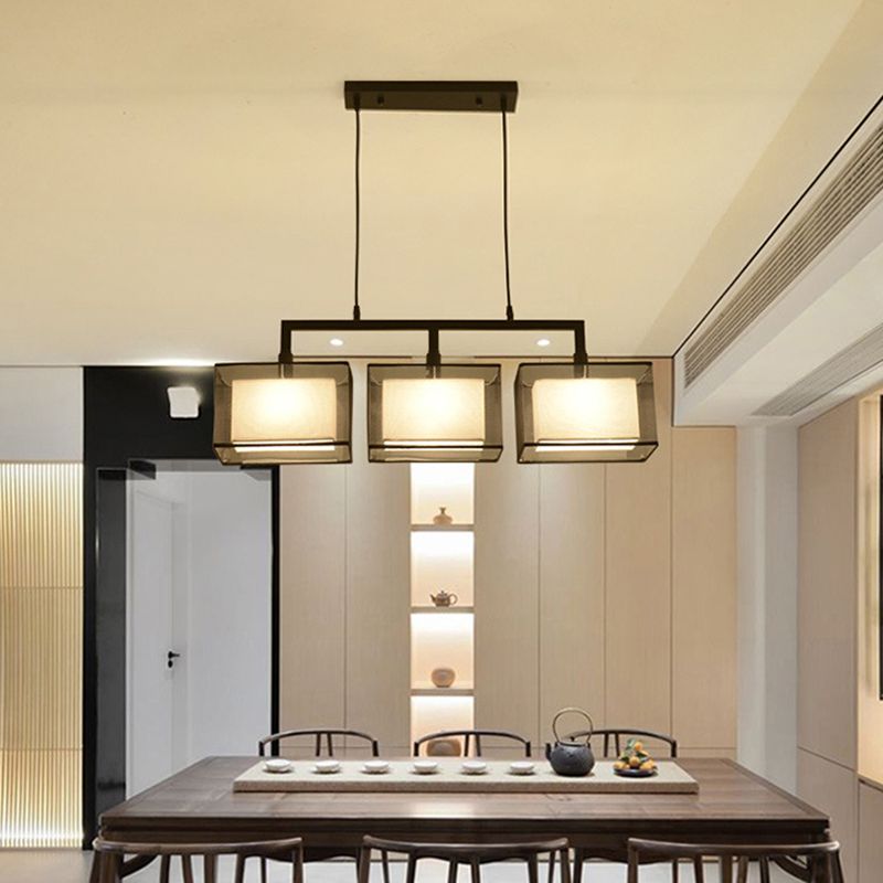 Tissu à double couche Éclairage d'abat-ombre pendentif pendentif chinois Rectangle suspendu en métal.