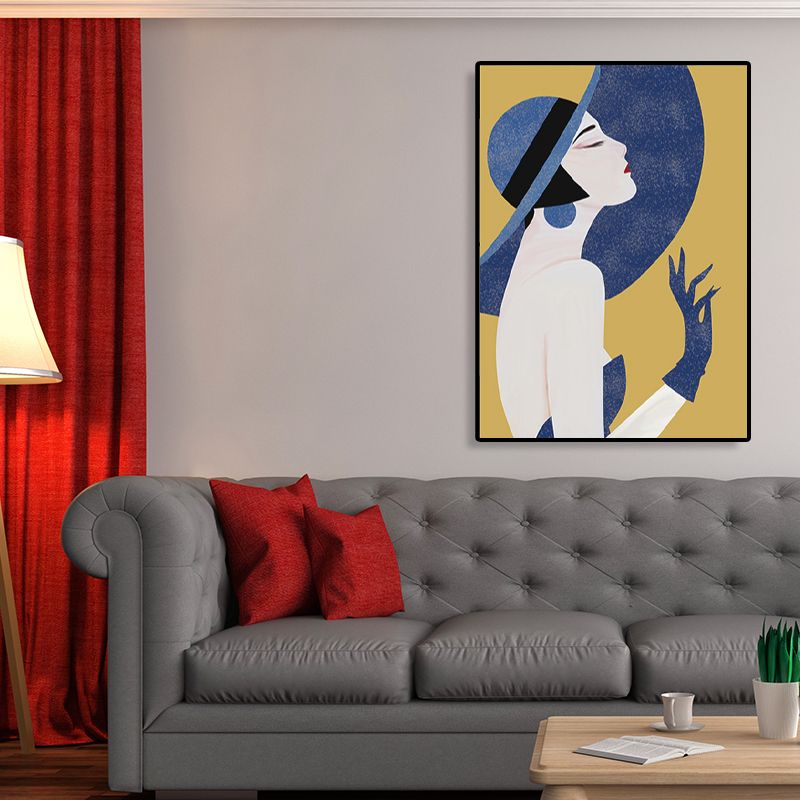 Blue Nordic Wall Art Illustration Portrait of Woman in Floppy Hat Canvas for Girls Room