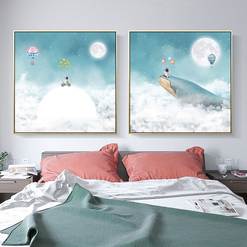 Kids Balloon Trip Drawing Canvas Print Blue Moon Night Sky Wall Art Decor for Room