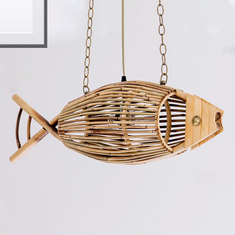 1 bulbo de techo de techo lámpara de madera asiática lámpara con sombra de bambú de pescado