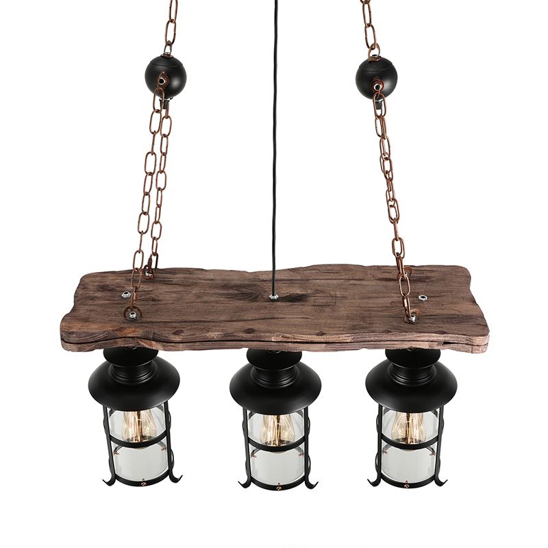 Clear Glass Lantern Island Pendant Light Industrial 2/3 Lights Bar Hanging Lamp in Black with Wood Decoration and Cage