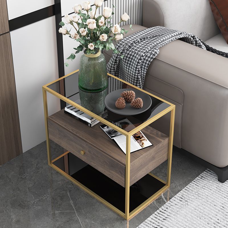 21.65" Tall Rectangular Glass Top Side Table Stainless Steel Frame End Table with Storage