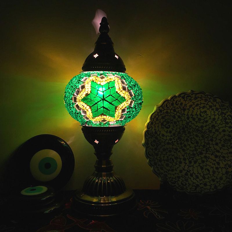 Single Night Stand Light Turkish Bedroom Table Lamp with Spherical Yellow/Red/Blue Glass Shade in Bronze