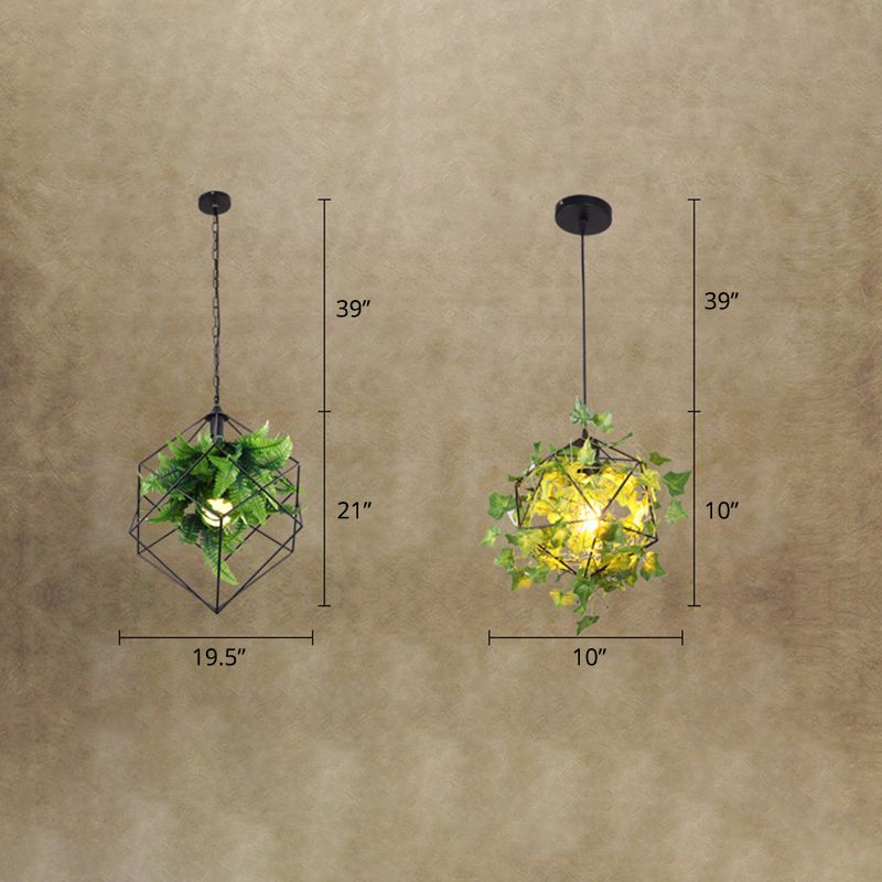 Metalen geometrische kooi druppel hanger industrieel 1 lamp restaurant ophanging licht met faux bladdecor