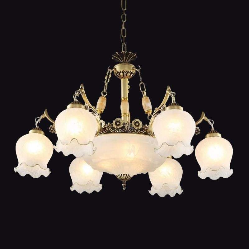 Traditionele bloemen hanglamp lichtarmatuur 9-bulb mat wit glas kroonluchter lamp in brons