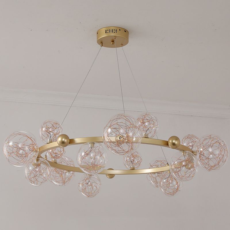 Transparant glas bol LED -licht snaren kroonluchter ronde metalen lamp body moderne stijl eenvoud verlichtingsarmatuur