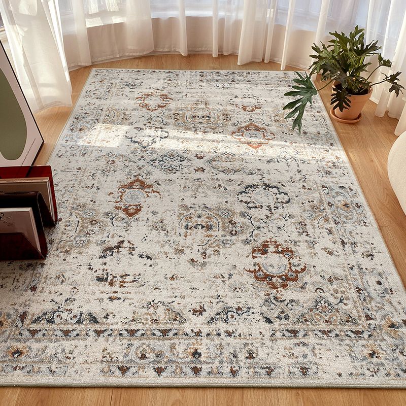 White Plant Pattern Area Carpet Polyester Bohemian Area Rug Easy Care Washable Rug for Home Decor