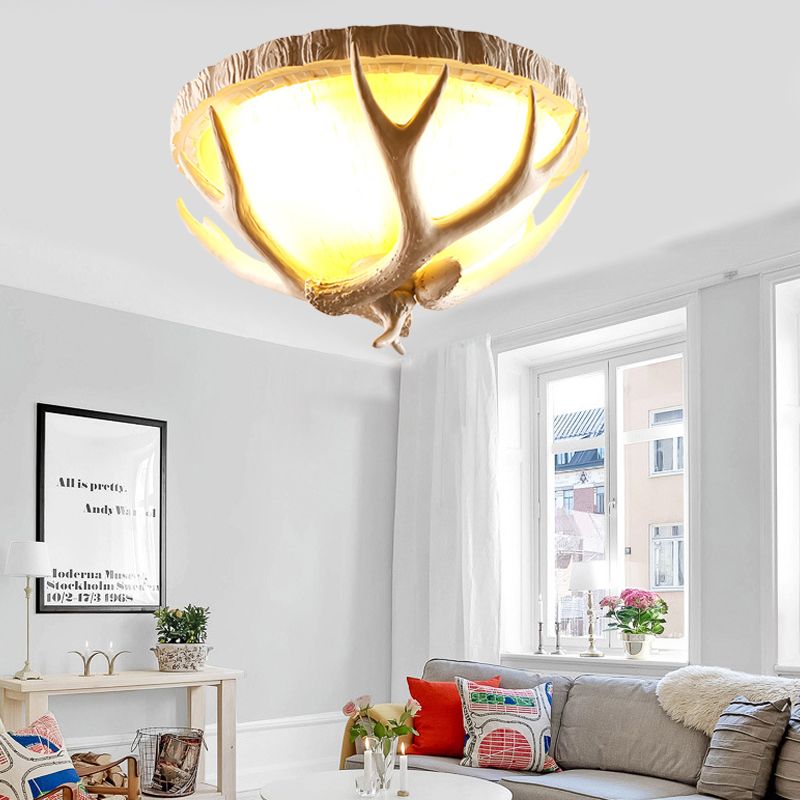 Dome Shaped Living Room Flush Mount Traditional Resin 3 Lights Brown Ceiling Light Fixture with Antler Deco