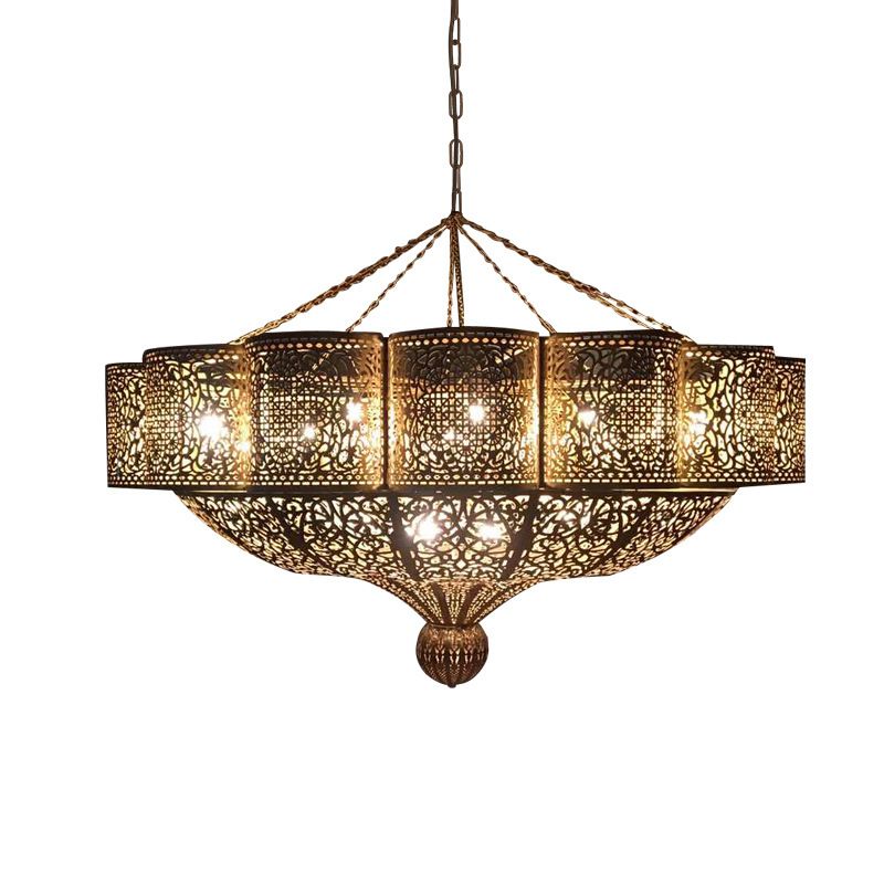 11 Heads Pendant Light Kit Arab Style Priscilla Edge Metallic Ceiling Chandelier in Brass with Hollow-Cut Design