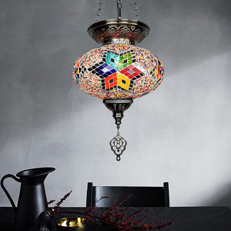 Red/Blue 1 Head Ceiling Pendant Light Traditional Stained Glass Oval Hanging Light Fixture