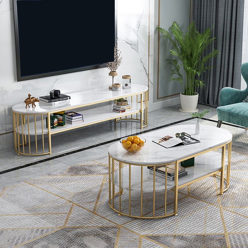 Glam Marble Coffee Cocktail Table Frame Oval Coffee Table with Shelf