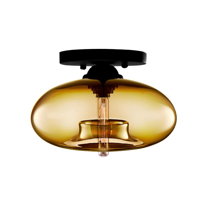 1 Light Ceiling Light Fixture with Oval Shade Red / Brown / Blue Glass Industrial Living Room Semi Flush in Black