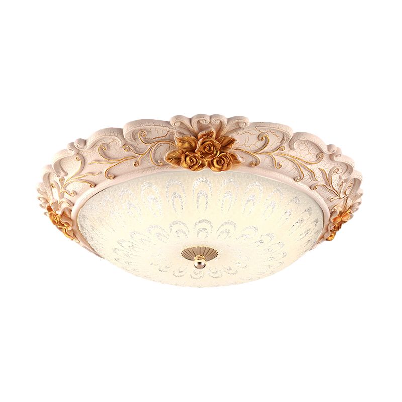 Gold LED Flush Mounted Light Country Style Korea Seeded Glass Carved Flower Flush Lamp, 12"/16" Wide