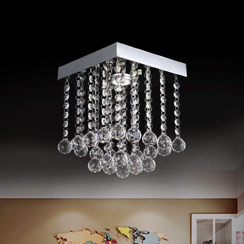Square Cascading Crystal Flush Mount Chrome Ceiling Light Fixture with Crystal Balls