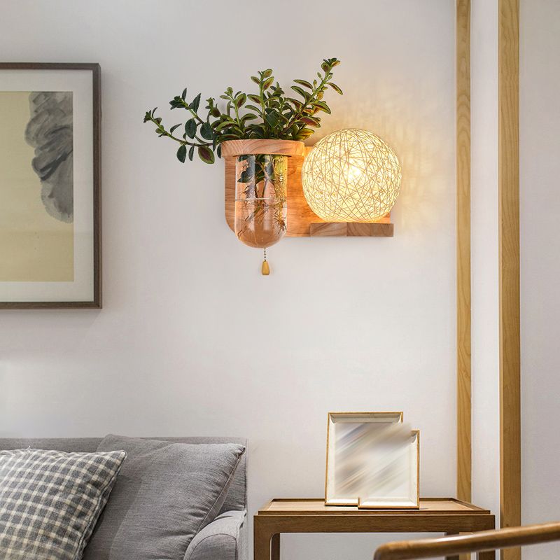 Japanese Style Wooden Wall Lamp Geometry Wall Light for Bedroom (Flowerpot Not Included)