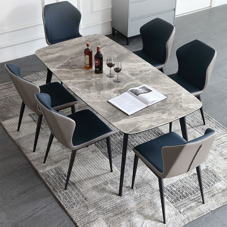 Mesa de comedor rectangular contemporánea de metal mesa de piedra sinterizada gris con patas de metal