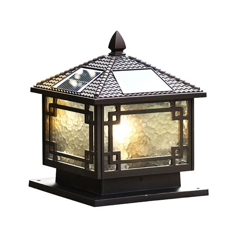 Contemporary Metal Pillar Lamp Square Shape Outdoor Waterproof Light with Glass Shade