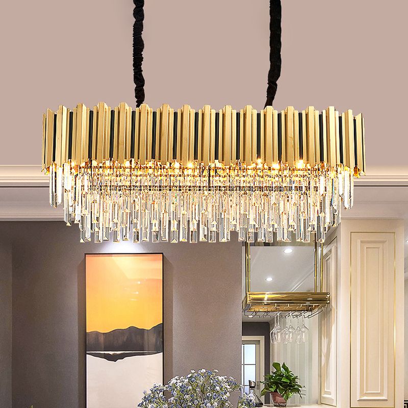 Oblong 3-Sided Crystal Rod Island Light Postmodern 10-Light Kitchen Dinette Drop Pendant in Gold