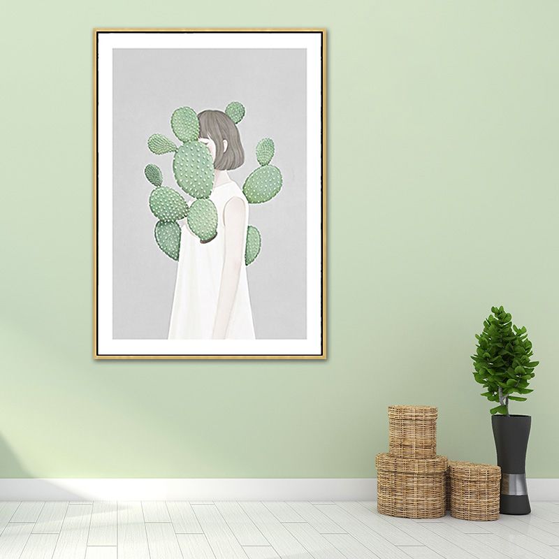 Green Cactus Girl Canvas Art Figure Drawing Kids Style Textured Wall Decor for Room