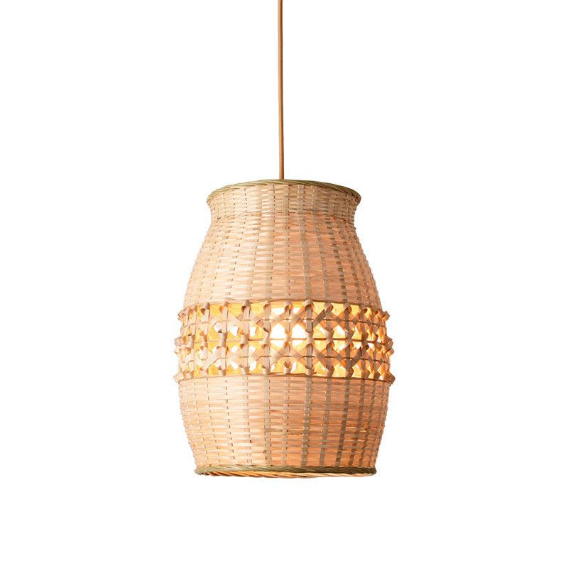 Bamboo Jar Shaped Pendulum Light Asian 1-Light Wood Woven Ceiling Hang Lamp Fixture