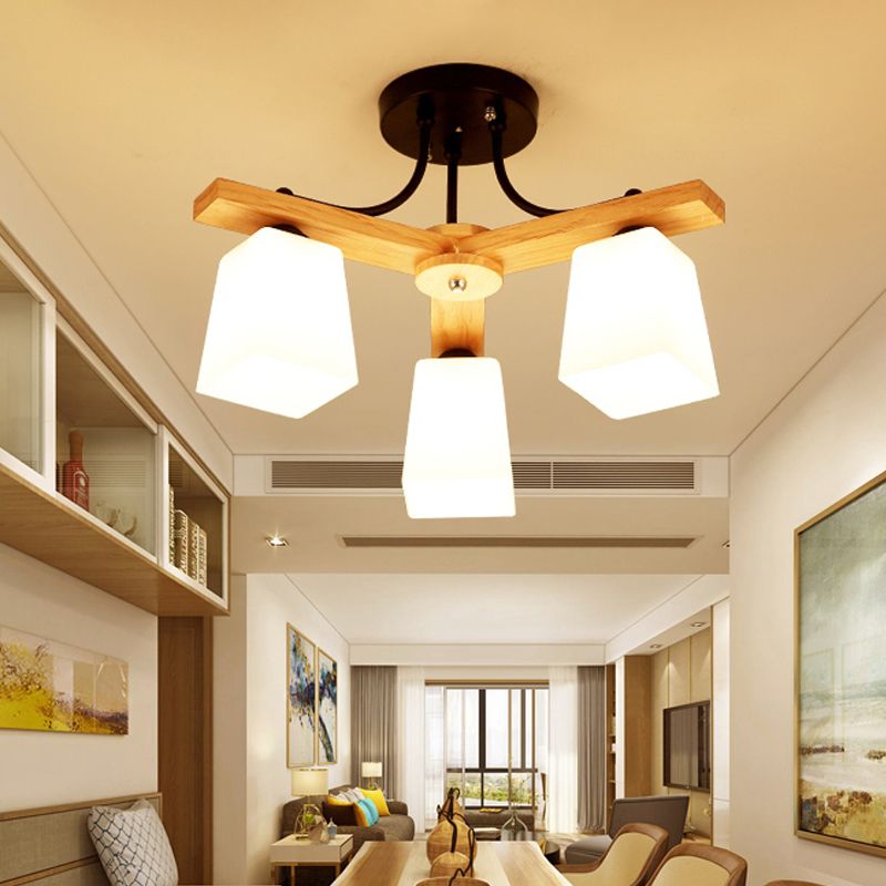 3/6/8 Lights Living Room Semi Flush Nordic Black and Wood Flush Mount Ceiling Chandelier with Square Milk Glass Shade
