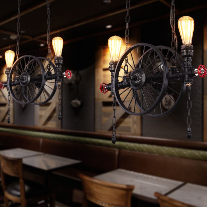 Wagon Wheel Metallic Pendant Light Antique 3 Heads Restaurant Hanging Island Light with Decorative Valve