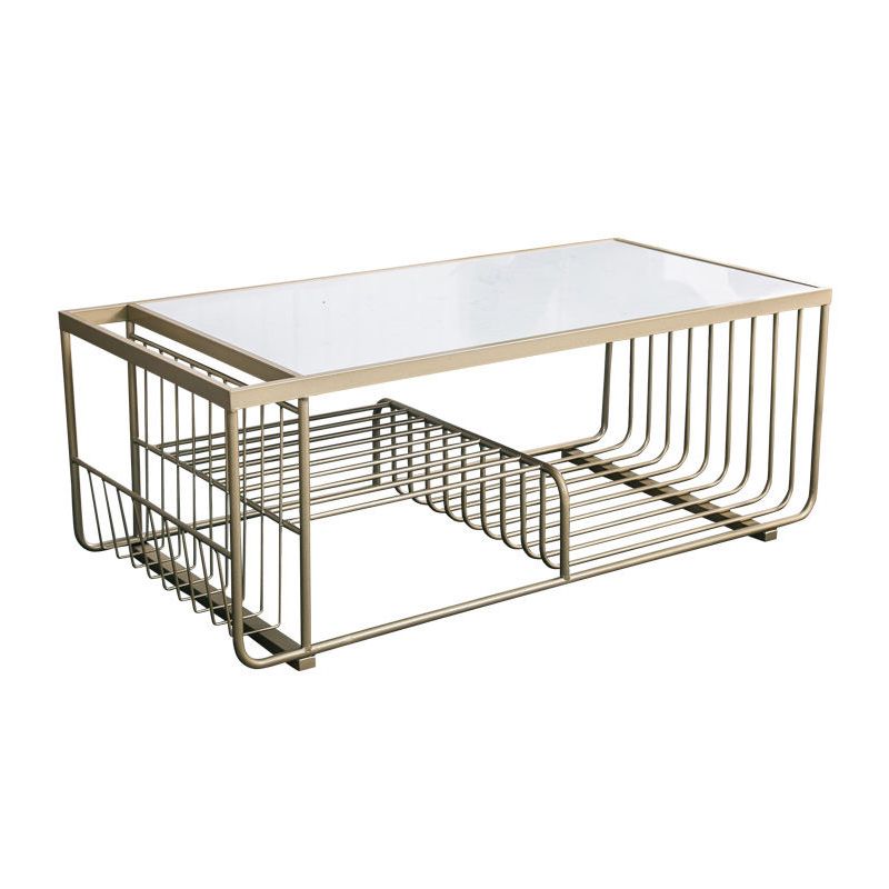 Rectangle Cocktail Table with 3 Iron Shelves and Marble Top Coffee Table