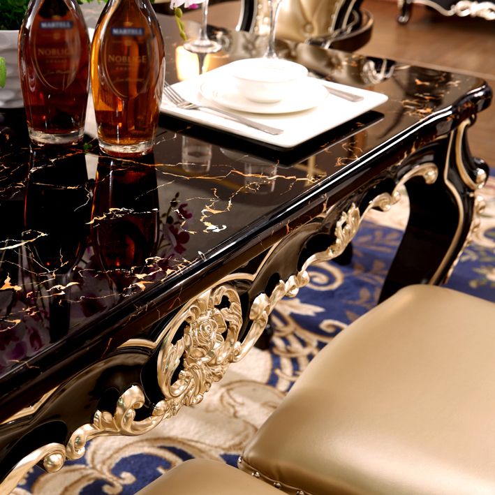 Marble Black Tone Dining Table Victorian 4 Legs Table for Dining Room