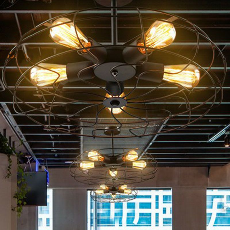 5 Bulbs Ceiling Lighting Simplicity Fan Cage Iron Chandelier Light Fixture in Black