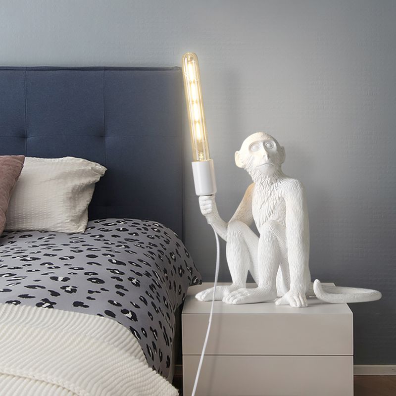 White Monkey Table Lamp Art Deco 1-Head Resin Nightstand Light with Shadeless Design