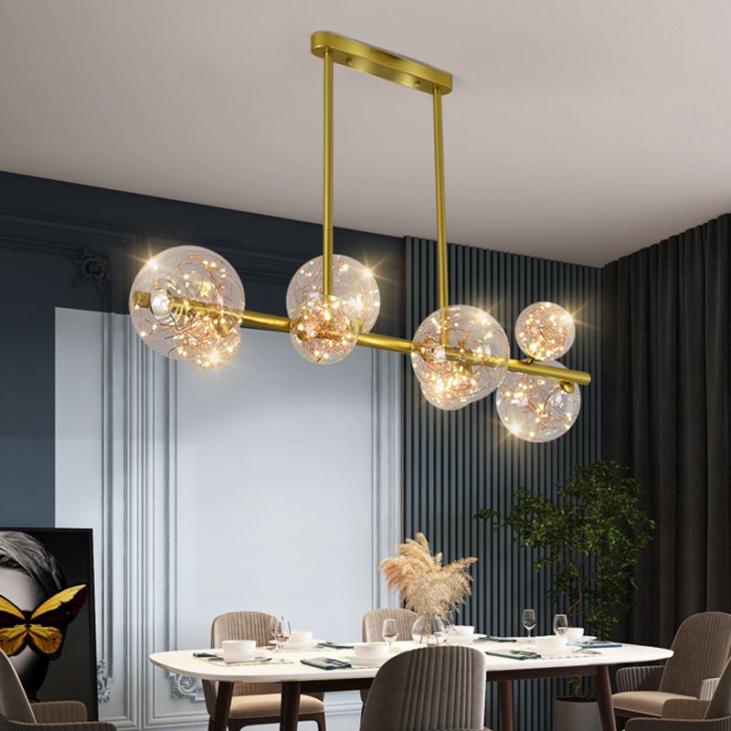 Mid-Century Gold Island Pendant Lighting Spherical Clear Glass Island Ceiling Light for Dining Table
