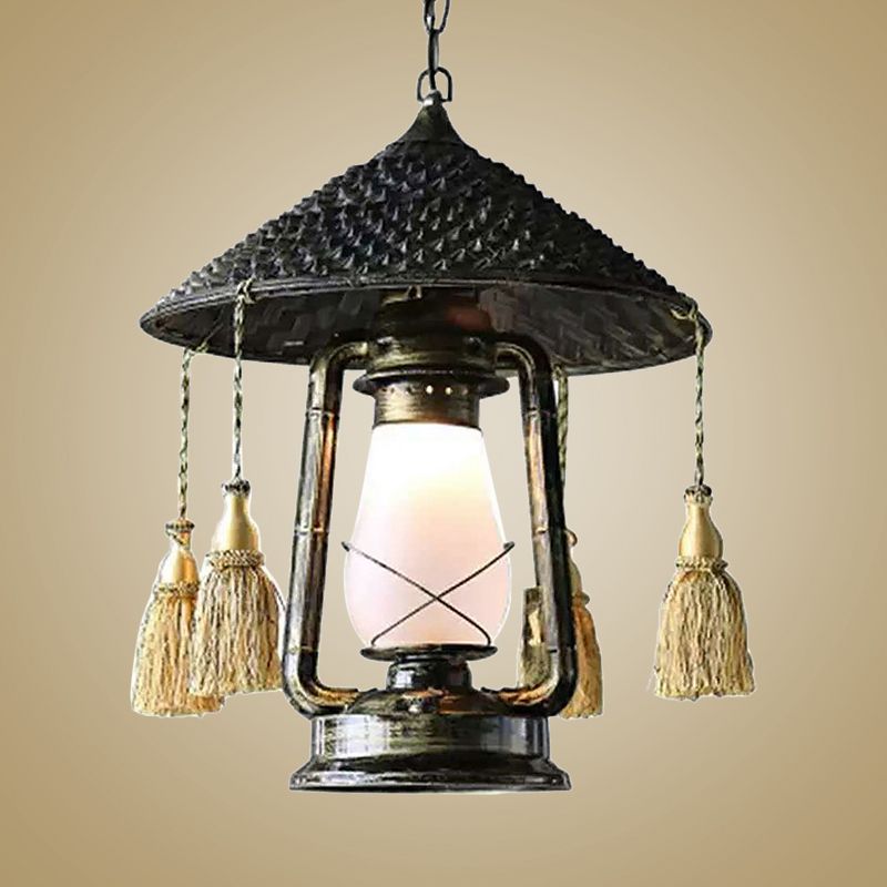 Frosted Glass Lantern Hanging Lamp Lodge Style 1 Head Black Ceiling Fixture with Hat Design for Balcony