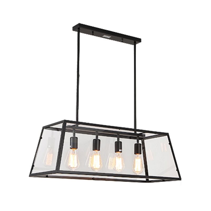 Industrial Black Island Light Metal 4 Lights Island Pendant with Glass for Dining Room