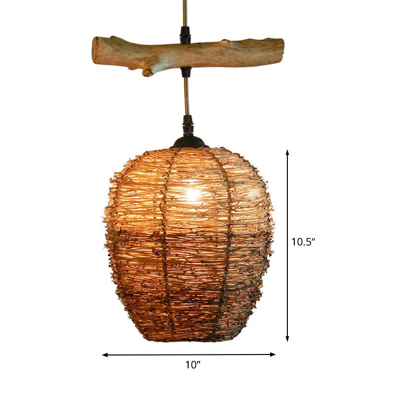 1 Head Restaurant Anhänger Lamp Asia Flaxen Hanging Deckenleuchte mit Urnen Rattan Schatten